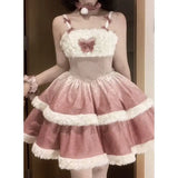 Bonnyshow Pink Elegant Retro Two Piece Set Women Sweet Plush Coat Kawaii Bow Mini Dress Suit Female Fashion Lolita Party Skirt Sets