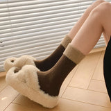 Bonnyshow Winter Fluffy Fur Socks for Women Warm Mink Velvet Mid-tube Sock Korean Splice Thick Thermal Lady Girls Floor Sock