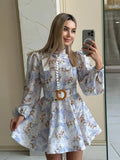Bonnyshow  Elegant Women Print Short Dress With Belt Lapel Sleeveless Pleated Vestidos 2025 Summer Elegant Female Vacation Party Dresses