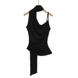 Bonnyshow  5 color 2025 Summer Halter Collar Bandage Camis Women Single Shoulder Irregular Short Tank Tops Backless Sexy Slim Crop Top Tees