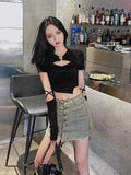 Bonnyshow High Street Short Sleeve T-shirt Women Harajuku Summer Hollow Out Slim Design Ins Korean Style Above Navel Cropped Top All-match