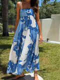 Bonnyshow  Women s Elegant Floral Print Sleeveless Maxi Dress with Adjustable Spaghetti Straps and A-Line Silhouette for Summer Beach