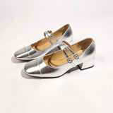 Bonnyshow  High Heels Women's Silver Lacquer Leather Belt Buckle Middle Heel Shoes Retro Style Mary Shallow Mouth Jane Women's Shoes