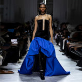 Bonnyshow Eye Catching Dark Naby Blue And Royal Blue AsymmetricalLong Evening Dresses Pleated Draped Straplee Formal Party Gowns