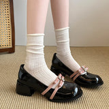 Bonnyshow  New Black Thick Heel Mary Jane Shoes Women's Spring and Autumn Retro Style Shallow Mouth Single Shoes for Women