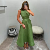 Bonnyshow  Casual Solid Cotton Women's Dress Summer O-neck Sleeveless Ankle Length Dresses Elegant Classic High Waist Female Robe 2025
