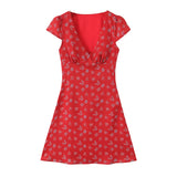 Bonnyshow  Sexy Red Floral Print Ruched Chest Deep V neck Short Sleeve Mini Dress Woman Tie Bow Sashes A-lined Dresses Femme Vestidos