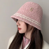 Bonnyshow Winter Lamb Fleece Bucket Hat Women Solid Color Letter Fisherman Cap Korean Wide-brim Windproof Dome Plush Hats