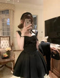 Bonnyshow  Summer French Premium Bow Suspender Birthday Party Dresses Black Sweet High Waist Slim Fit Sleeveless Pleated Short Dress