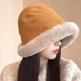Bonnyshow Mongolian Hat Women Autumn Winter Windproof Warm Hats Thick Plush Warm Fisherman Cap Korean Ear Protection Bucket Hats