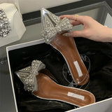 Bonnyshow  Butterfly-Knot CRYSTAL Transparent Women Pumps Elegant Pointed Toe Slingbacks Sandals Clear Low Heels Shoes