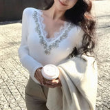 Bonnyshow V-neck Rhinestone Slim All Match Long-sleeved T-shirt Women 2025 Spring New High Street Lace Splicing Solid Color Casual Tops