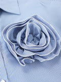 Bonnyshow Women Fashion Autumn Casual Striped Blue Flower Slim Fit Long Sleeved Shirt Office Lady Commuting Versatile Chic Shirt