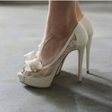 Bonnyshow  Summer Flower Lace Big Bowtie Peep Toe Pumps Stiletto Heels Side Cutout Woman Patent Leather Patchwork slip on weding Shoes