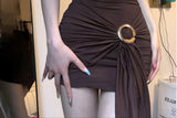 Bonnyshow  New Spice Girl Low-Cut Backless Mini Dress Vintage Brown Ring Bandage Pleated Slim Dresses Summer Party Street