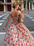 Bonnyshow  Elegant Flower Print Long Dress For Women Fashion V-neck Sleeveless High Waist A-line Maxi Dress Lady 2025 Summer Beach Robes