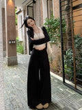Bonnyshow  Women's Chic Lace Patchwork Waist Wide Leg Full Length Pants Lady Summer Autumn Streetwear Loose Straight Long Pants