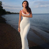 Bonnyshow White Knitted Beach Dress Women Sexy See Through Backless Maxi Dresses Summer Fashion Hollow Out Bikini Cover Up Dress 2024