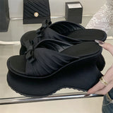 Bonnyshow  Sexy Leopard Print Butterfl-Knot Platform Wedges Women's Slippers Street Style Summer High Heels Banquet Shoes