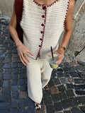 Bonnyshow  Casual Pants Set Women Contrast Knitted Vest 2piece Set Round Neck Sleeveless Waistcoat Cardigan High-waisted Trousers Summer