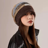 Bonnyshow Retro Stripe Knit Beanies Cap for Women Warm Fluffy Fur Baggy Hat Y2K Korean Girls Woolen Slouchy Ski Caps Bonnet