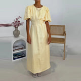 Bonnyshow  Ladies O-neck Puff Sleeve Elegant Party Dress 2025 Summer Casual Solid Waist A-line Dress Fashion Commuter Pleated Long Dresses