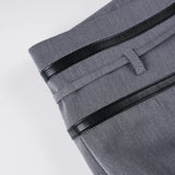 Bonnyshow  Ladies Casual Grey Flared Pants Chic Leather Striped Patchwork Low Rise Casual Pants Streetwear y2k Trouser Korean Style