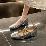 Bonnyshow  High Heels Women's Silver Lacquer Leather Belt Buckle Middle Heel Shoes Retro Style Mary Shallow Mouth Jane Women's Shoes