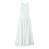 Bonnyshow  Bohemian Style Bow O Neck White Midi Dress Women Front Lace Up Bandage Sleeveless Casual Summer Dresses Holiday Robe