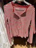 Bonnyshow  Sweet Red Striped Slim Long Sleeve T-shirt Women Preppy Style O-neck Single Breasted Cotton Tee Shirts Cute Basic Simple Top New