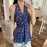 Bonnyshow  French Blue Floral Neck Sling Women'S Fashion Backless V-Neck Vacation Leisure Mid Length Hanging Neck Dress New