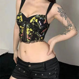 Bonnyshow Lace Floral Embroidered Vest Fishbone Sexy Tank Tops Breathable Elastic Mesh Fabric With Bra Pad Slim Fit Women Sweet