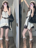 Bonnyshow  Aesthetics Fashion Gyaru Outfits 2 Piece Set Floral Dress Prairie Chic + Knitted Tops With Belt Spring Summer High Street