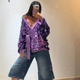 Bonnyshow  Retro Large Sequins Lace Up Shirt Women Fashion Glitter Loose Solid V-neck Open Shirts Coat Female 2025 Chic Street Outwear