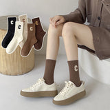 Bonnyshow 5 Pairs/Set Coffee Color Socks Women Korean Letter C Middle Tube Socks Autumn Winter Warm Cotton Female Sport Socks