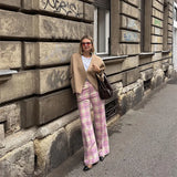 Bonnyshow  Sweet Women Pink Printed Plaid Long Pants Fashion Pockets Button High Waist Straight Trouser Female Spring  High Streetwear