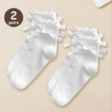 Bonnyshow 2/5 Pairs Cotton Bow Ruffles Ankle Socks For Women Lolita Cute Kawaii Stocking Girl Spring Black White Middle Tube Japanese Sox