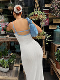 Bonnyshow  Knitting Bodycons Long Dress Solid Women Elegant Dresses for Summer Deep V-neck Sleeveless Sexy Beach Party Backless Vestidos