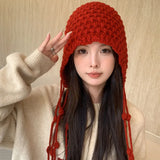 Bonnyshow Korean Wool Tassel Knitted Hat for Women Winter Warm Ear Protection Cap Sweet Solid Color Female Pullover Hats Gorros
