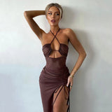 Bonnyshow Summer New Dresses Women Sleeveless Backless Sexy Hollow Out Slim Dresses Fashion Streetwear Casual Bodycon Elegant Split Dress