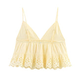 Bonnyshow  Sexy Adjustable Spaghetti Straps V Neck Embroidery Camis Women Yellow Holiday Summer Tops 2025 Streetwear Crop Top