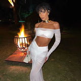 Bonnyshow White Mesh Skirt Set Women Strapless Crop Top and Maxi Skirt Outfits Summer Sexy See Through Club Party Holiday 2 Piece Set