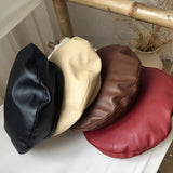 Bonnyshow Vintage PU Leather Beret Hat Women Autumn Winter Warm Octagonal Cap Elegant Solid Color Female Lady Painters Caps