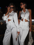 Bonnyshow  Fashion Women's Sets Suits Satin Solid Folds Deep V-Neck Sleeveless 2Pcs (Tops+Long Pants) Sexy Skinny Causal Tracksuits