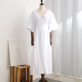 Bonnyshow v 100% Cotton Women's Dress Vintage Crepe Gauze V-Neck Puff Sleeve Bandage Lace Up Elegant White Dresses Long Maxi Robe