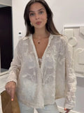 Bonnyshow  White Leaf Embroidery Loose Shirt Women Single Breasted Lapel Long Sleeve Chic Elegant Shirts 2025 Summer Holiday Blouse Tops