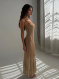 Bonnyshow  Sexy Glitter Low Cut Long Beach Dresses Women Chic Sleeveless Shiny Pleated Hem Sling Dress Female Spring Party Holiday Vestidos