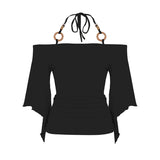 Bonnyshow  Fashion Beading Slim Fit Chic Women Halter Tops Bating Sleeve Solid Causal Simple Slash Neck Blouses