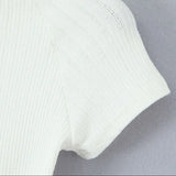 Bonnyshow  Women Hollow out Through Buttons Pearl Knitted Short Sleeve Sweater Crop Pullovers Knitwear All Match Knitting Tops Jumper