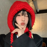 Bonnyshow Korean Knitted Balaclava Hat Handmade Winter Wool Lace Up Beanie Cap Solid Color Ear Protection Hats Christmas Accessories